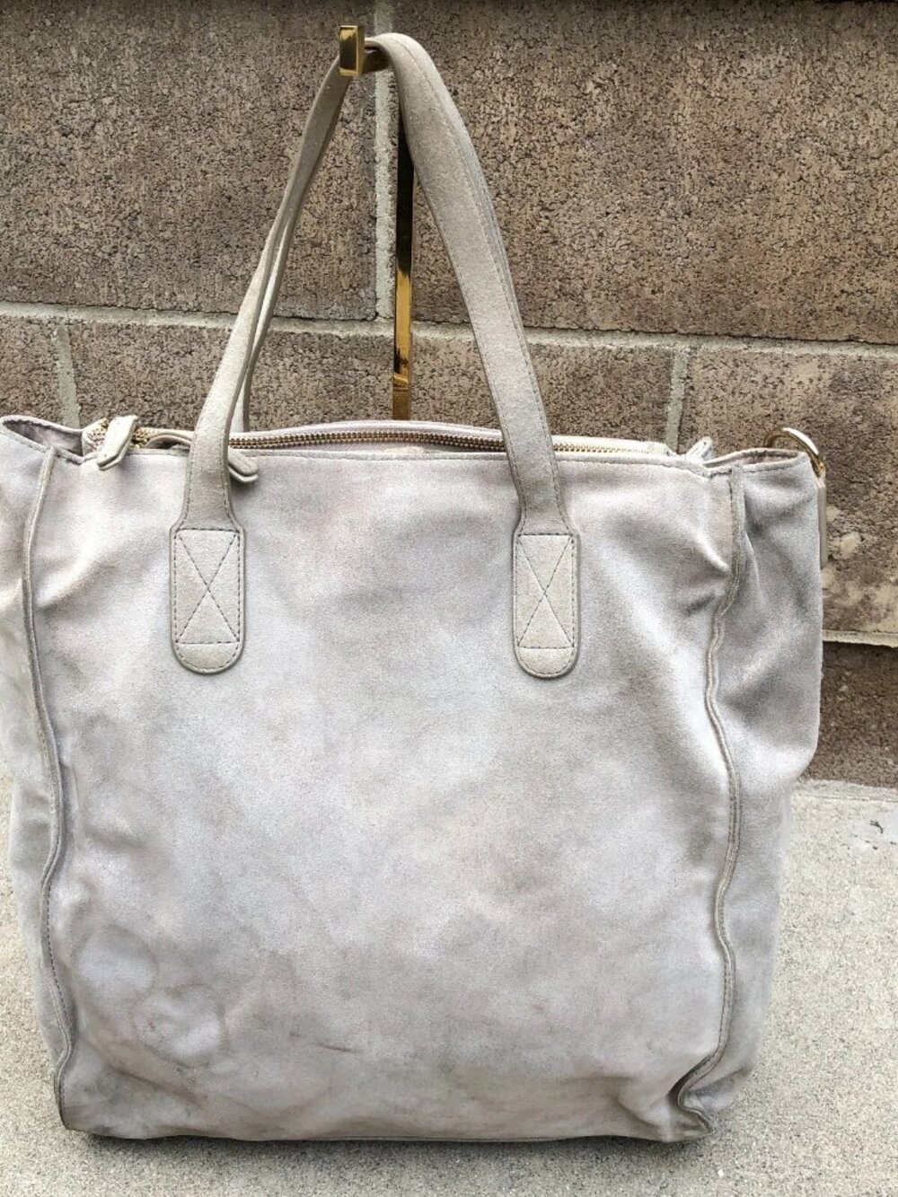 Vintage ERIN CONDREN Leather Suede Tote Purse Womens Beige Zipper Shoulder Bag